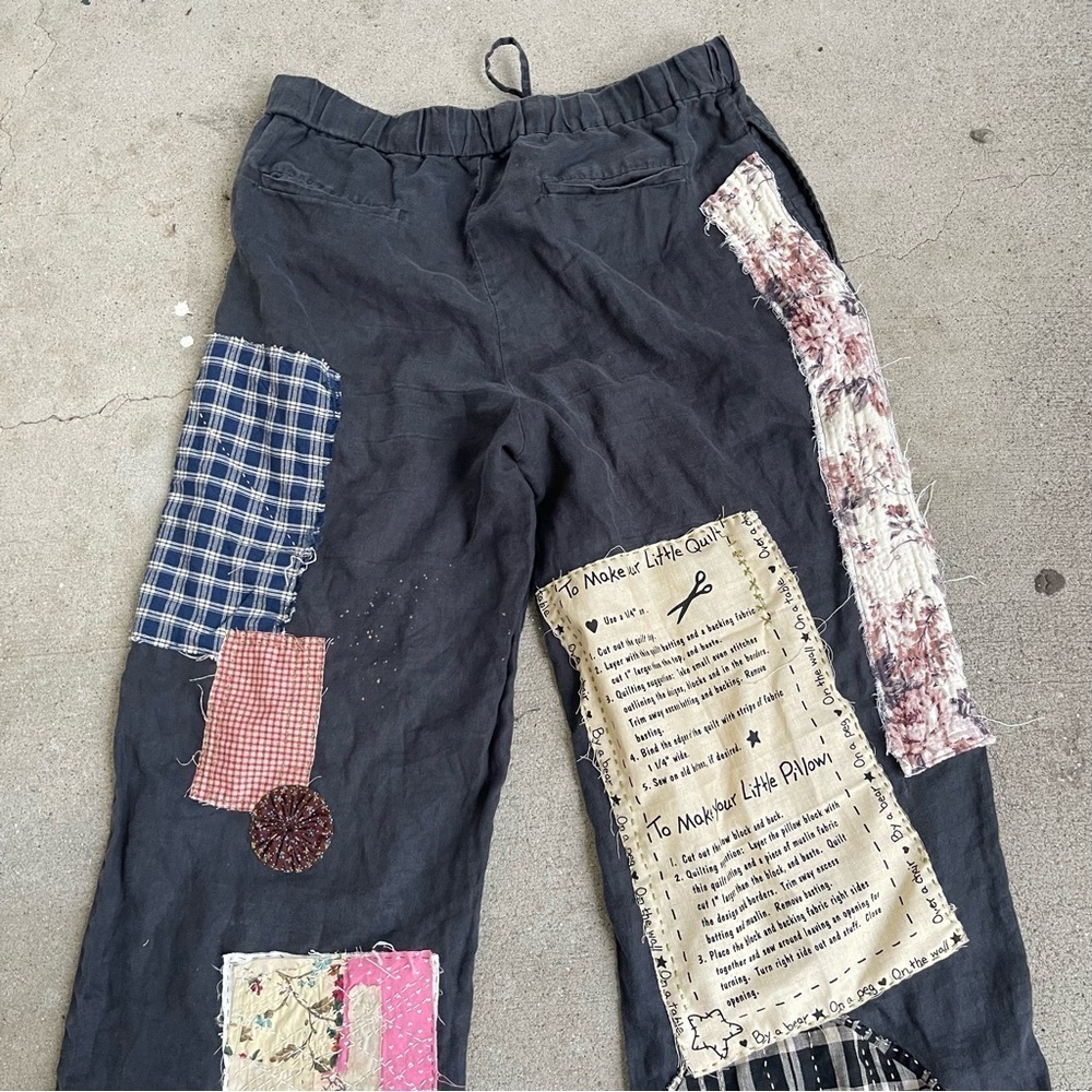 Upcycled MUJI hand stitched patchwork 100% Linen drawstring pants size Medium - Picture 7 of 10